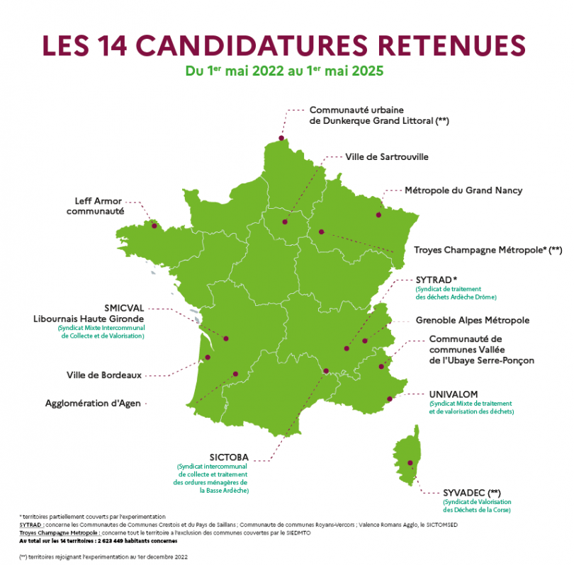 Carte de France des 14 territoires sélectionnés pour l'expérimentation